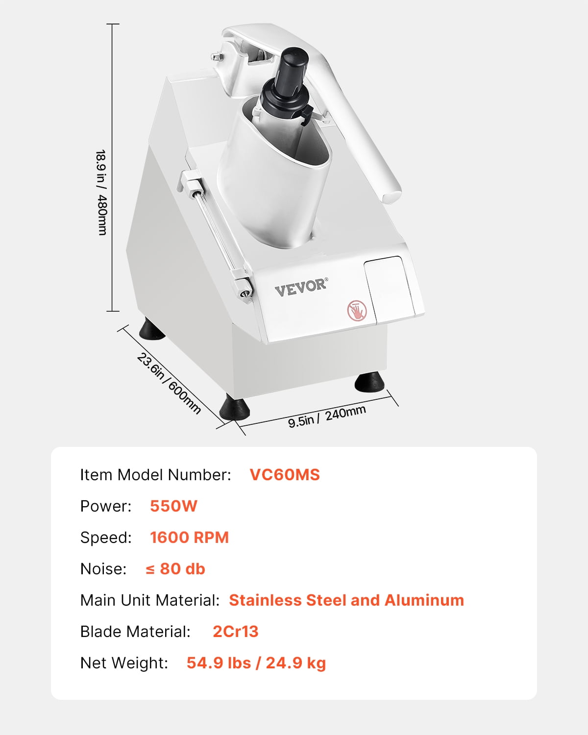 VEVOR Food Processor & Vegetable Chopper, 2 Feeding Holes Food-Grade Stainless Steel Food Processor Chopper with Detachable 6 Blades, 3mm/5mm/7mm/10mm Shredder, 2mm/4mm Slicer, for Vegetables, Fruit