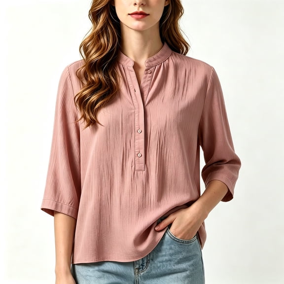 Asgosdo Women Tops 3/4 Sleeve Mandarin Henley Shirt Collar Solid Clothes Crinkle Textured Outfits Half Button Loose Casual Blouses All Season Womens Shirts
