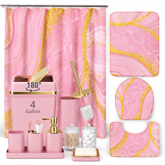 Pink Bathroom Accessory Set with Shower Curtain and Rugs, 21-Piece Complete Bath Kit
