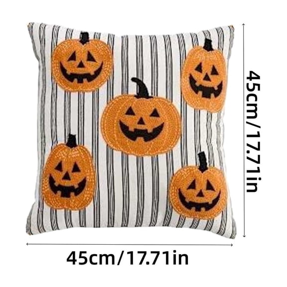 Pumpkins Embroidered Halloween Throw Pillow Cover Striped Linen Cushion for Sofa Couch Porch Fireplace Farmhouse,17.72''