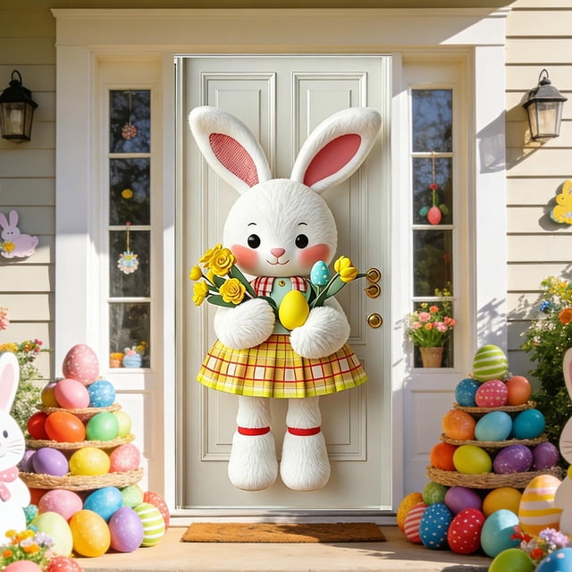 Sokhug Rideau de Porte de Pâques 35,43x70,87 Pouces Imprimé Lapin Œuf Décor pour Porte d'Entrée Mur Multicolore