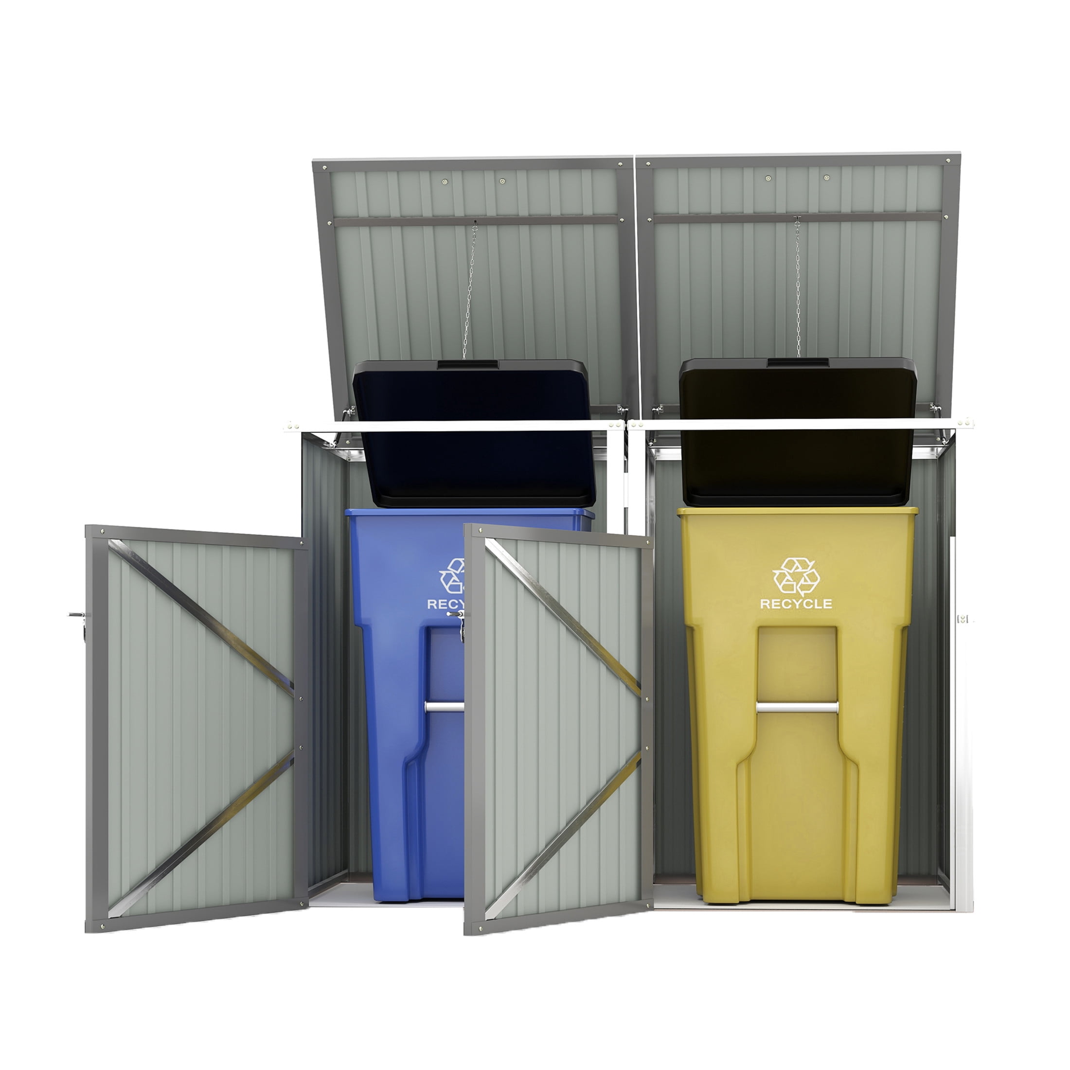 Noble House Outdoor Garbage Bin Shed for 2 Trash Cans, Lockable Galvanized Steel Garbage Bin Enclosure, Light Gray