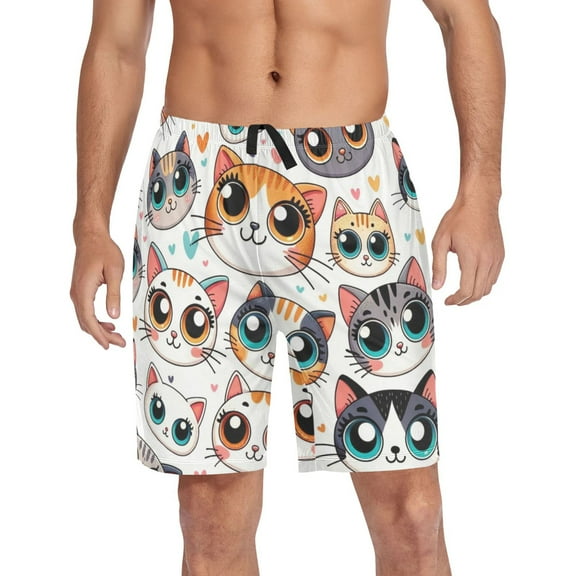 Men's Pajama Shorts Bottoms with Pockets Soft Lightweight Lounge Sleep Wear Cartoon Cat Face with Big Eye