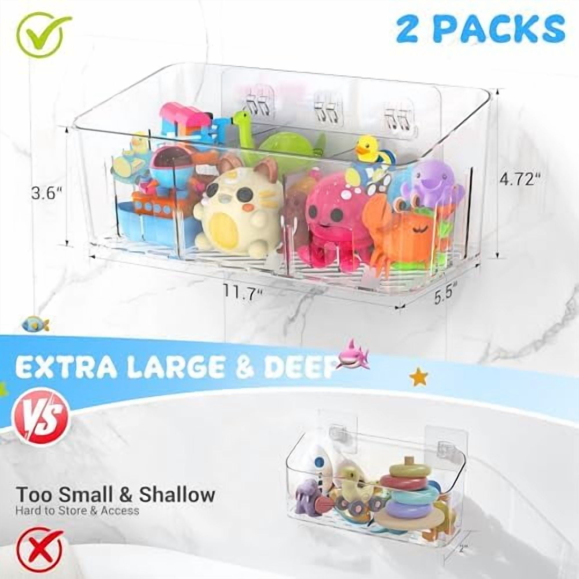Bath Toy Storage 2 Packs, Large Holder with 3 Compartment, Quick Dry Bathtub Organizer, Tub Net, Shower Basket & Bin, Bathroom Accessories for Baby,Toddler,Kids（Clear）
