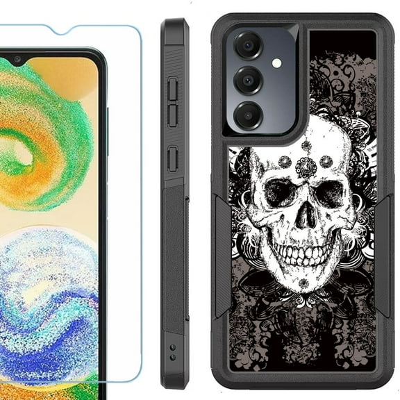 Heavy Duty Dual Layer Hybrid Phone Case for Samsung Galaxy S24 FE 5G with Tempered Glass Screen Protector, by OneToughShield - Grunge Skull