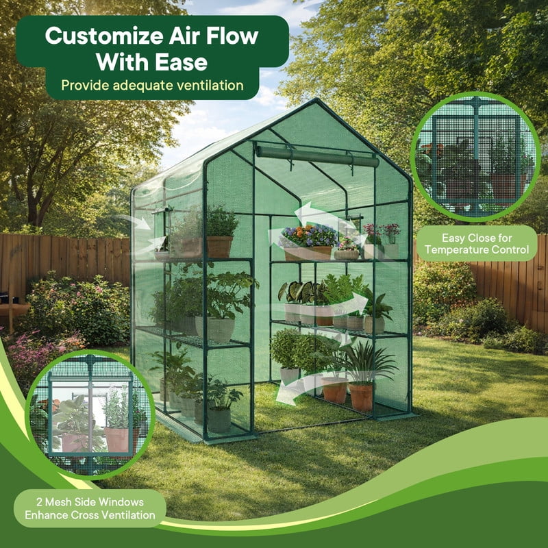 Gianna Mini Walk-in Greenhouse Plant Tent with 5/8" Powder-Coated Steel Frame & 22Lbs Capacity Shelves, Weather-Resistant for Outdoor Gardening, 56.3" x 56.3" x 76.77"，Green
