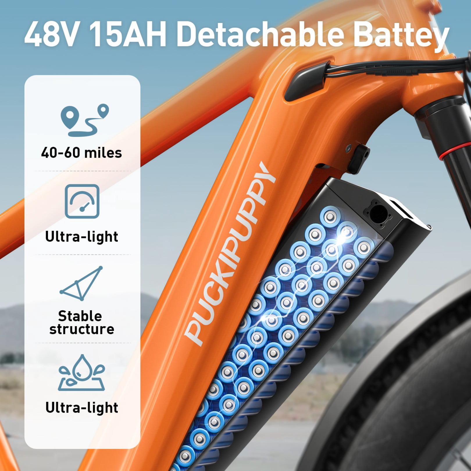 PUCKIPUPPY Electric Bikes for Adults 26" Fat Tire E Bike 28 mph up to 60 Miles Range 960W Peak Ebike 48V 15AH Battery Front Suspension off Road Mountain E Bike (Orange), Comply with UL2849 by SGS
