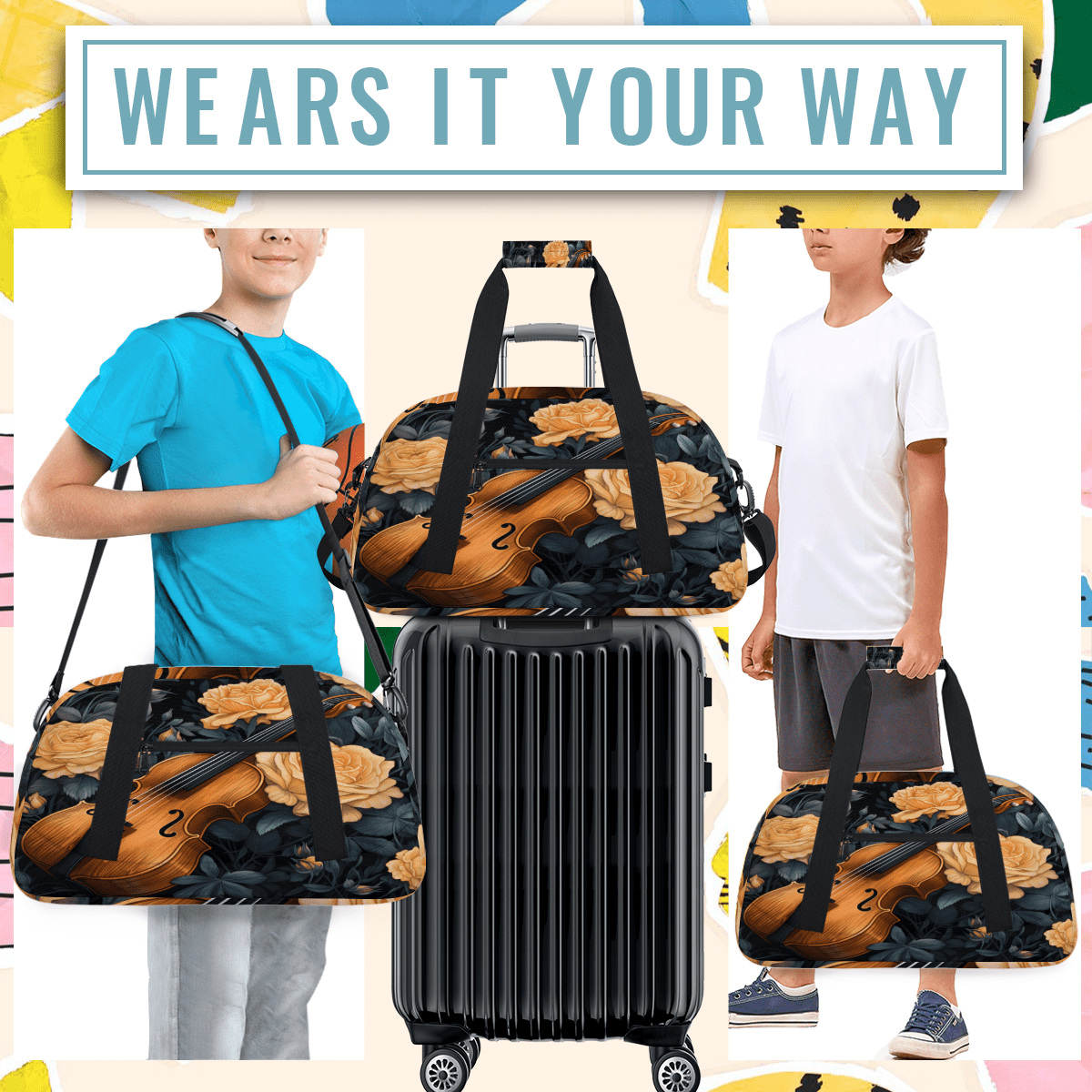 Herdesigns Music Violins Sports Duffle Bag for Women & Men, Music Theme Gym Bag Dance Bag Overnight Bag Carry On Weekender Travel Bag
