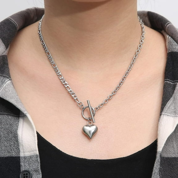 Women Stainless Steel Multilayer Necklace Heart Pendant Dog Tag Pendant Chunky Cuban Chain Link Toggle Clasp Necklace[o1222]