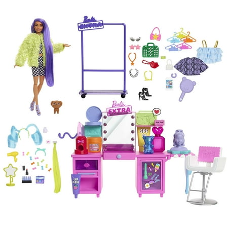 Barbie Extra Fashion Doll and Vanity Playset with 45+ Accessories, Vanity and Puppy