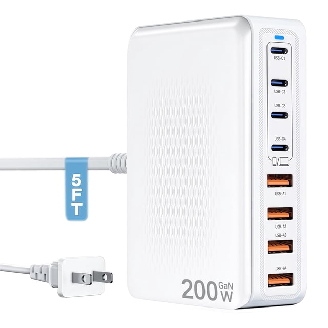 Cargador USB C Linboll, 200 W, 8 puertos, centro de carga rápida GaN