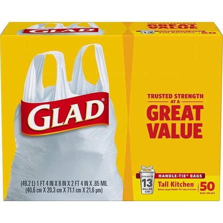 50 Count 13 Gallon Tall Kitchen Trash Bags – Guaranteed Strong – Glad