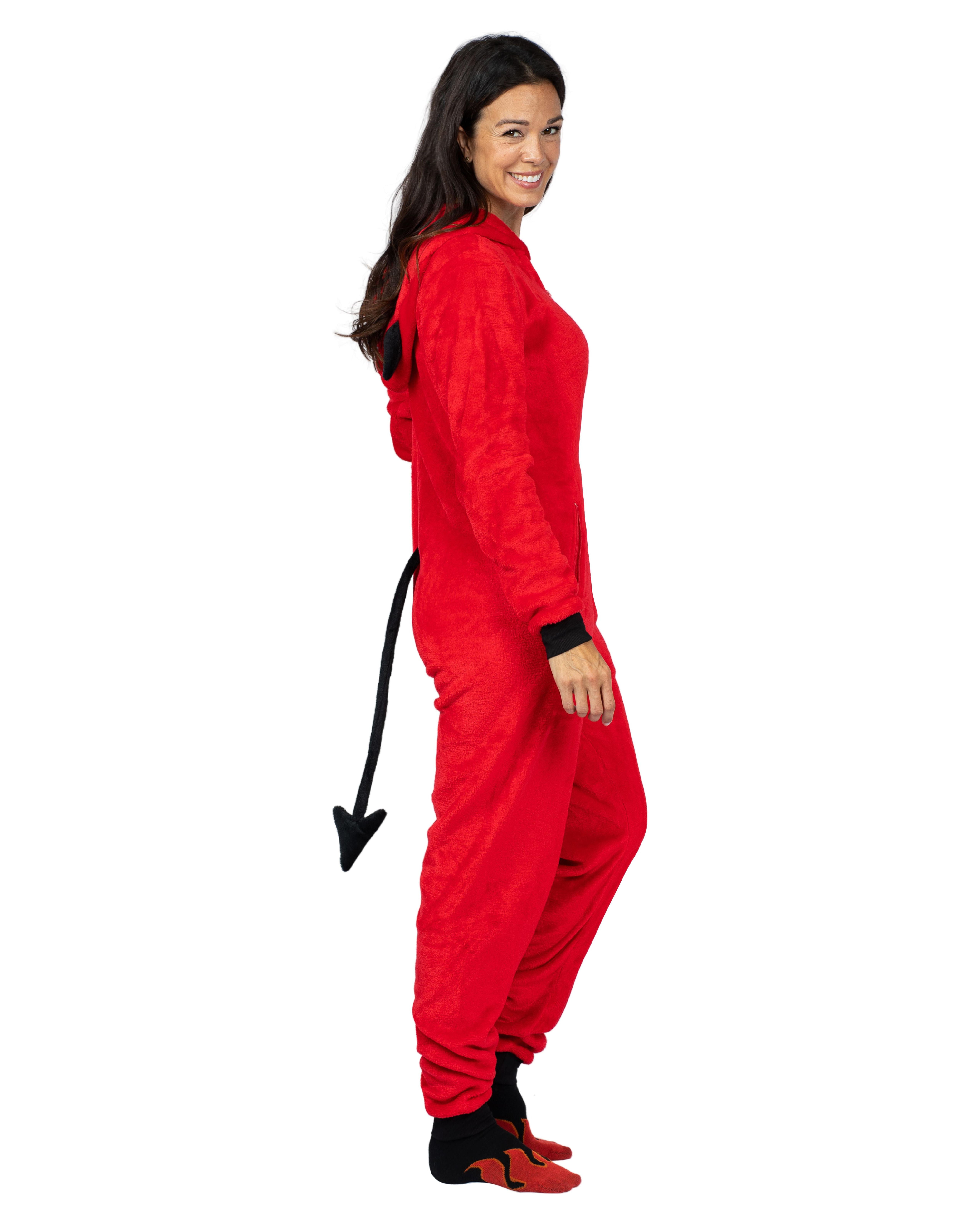Holiday Matching Couples Costume Pajama Onesie With Socks and Mask, Ghost, Devil, and Skeleton, Red Devil (Women), Size: XL