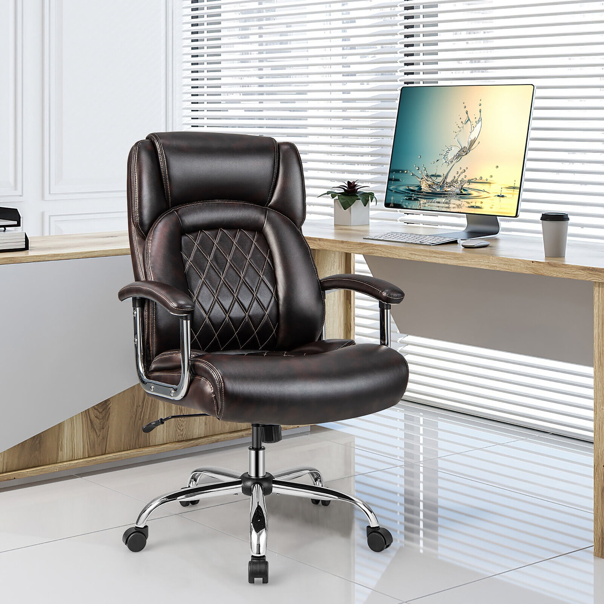 Gymax 500LBS High Back Big & Tall Office Chair Adjustable Leather Task Chair Brown