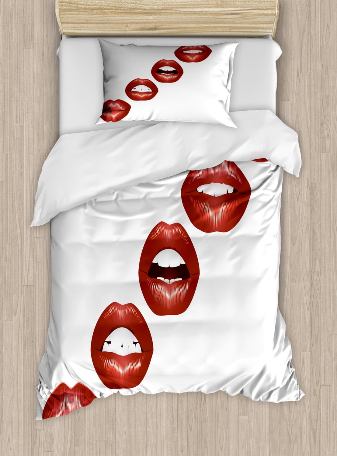 Kiss Duvet Cover Set, Vivid Full Red Lips Smiling Kissing Sexy Lipstick
