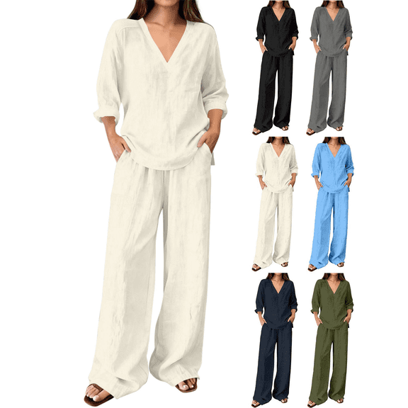 Zeijnsda Womens 2 Pieces Sets Thin Relaxed Solid Color Lounge Sets V-Neck Long Sleeve Tops and Straight-leg Pockets Trousers Daily Leisure Sets