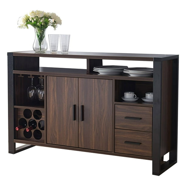 Smart Home Dark Walnut and Black Wine Rack Sideboard Buffet Table