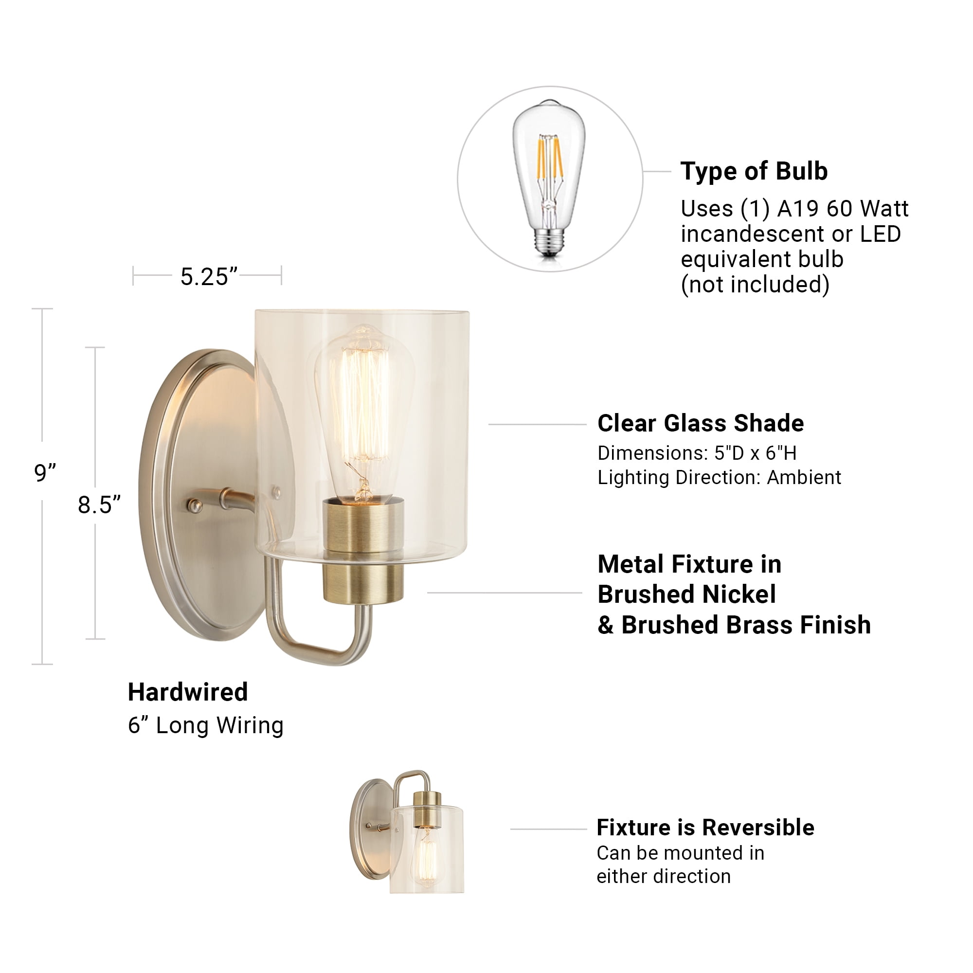 Cresswell Lighting 5.5" Modern Brushed Nickel Metal 1-Light Bath Vanity Wall Sconce with Clear Glass Shade