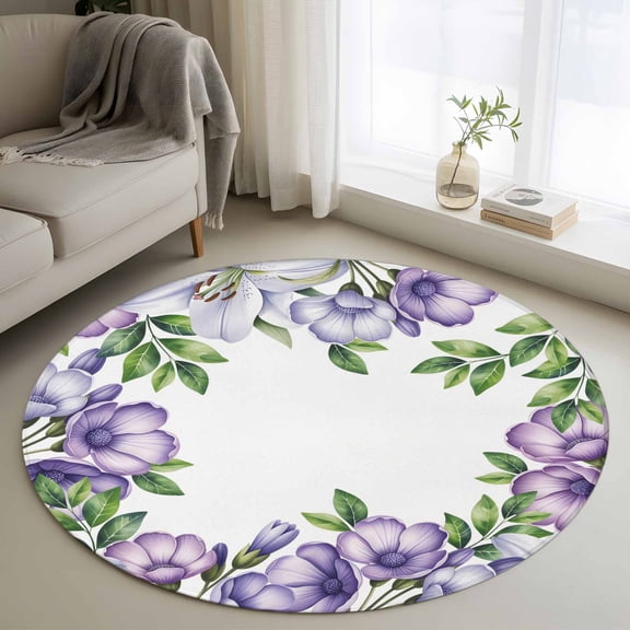 Round Area Rugs Collection 4 Ft, Purple Flowers Non-Slip Residential Carpet, Spring Watercolor Floral Leaves Plants Indoor Crawling Mats Runner Rugs for Living Room/Dining Room/Bedroom