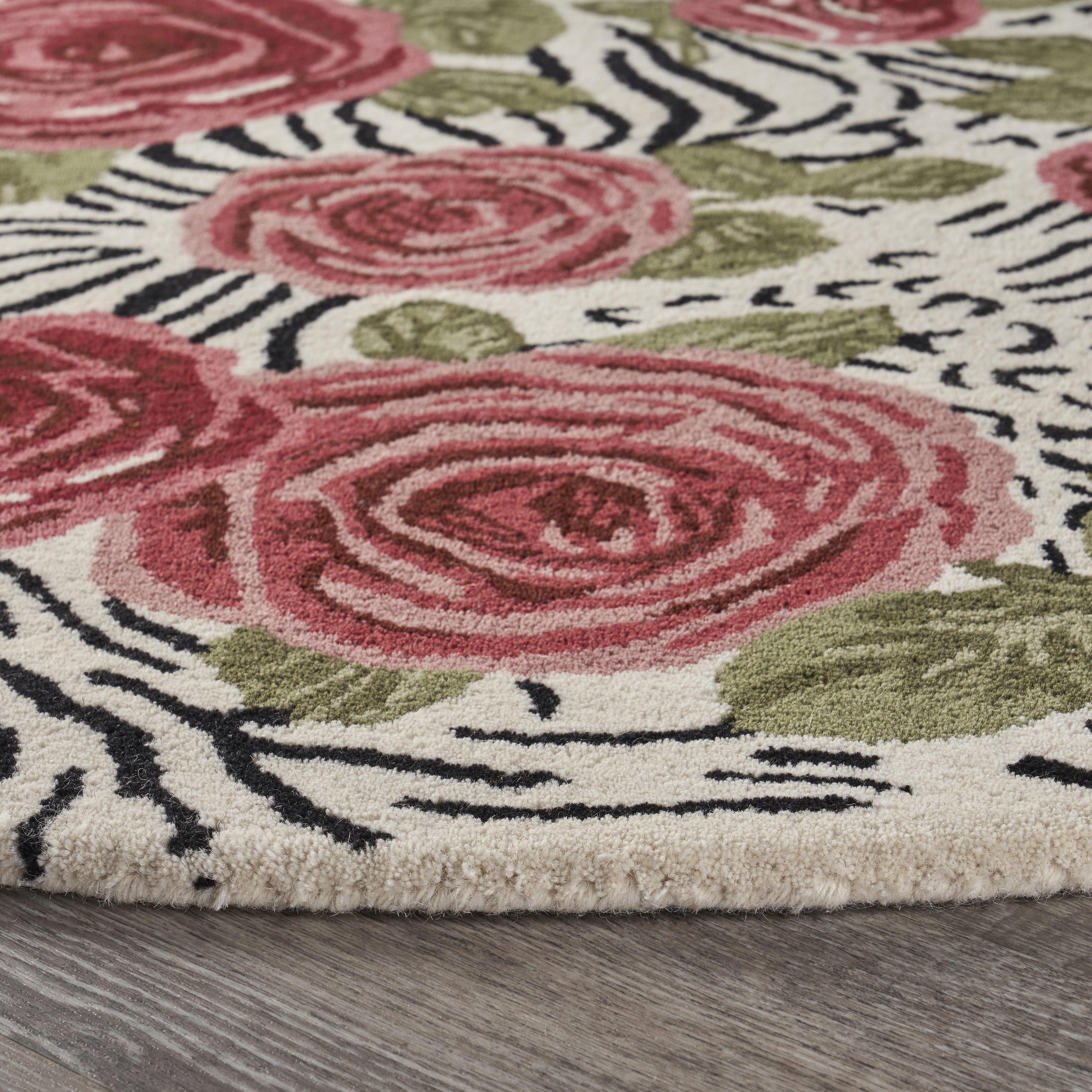Ox Bay Talia 4' Round Ivory/Black Animal Print with Roses Wool Indoor Area Rug