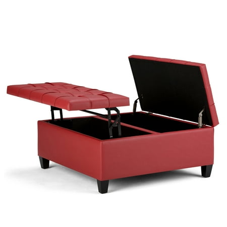 Simpli Home - Harrison 36 inch Wide Transitional Square Coffee Table Storage Ottoman in Faux Leather - Crimson Red