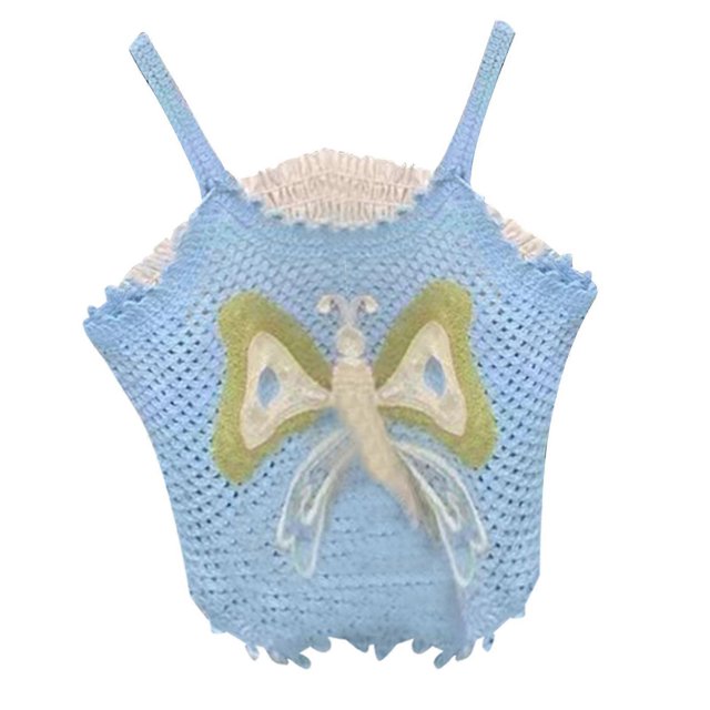 Womens Knitted Tank Tops Butterfly Embroidery Vest Summer Casual Sleeveless Tops Spaghetti Strap Tanks Tops apricot
