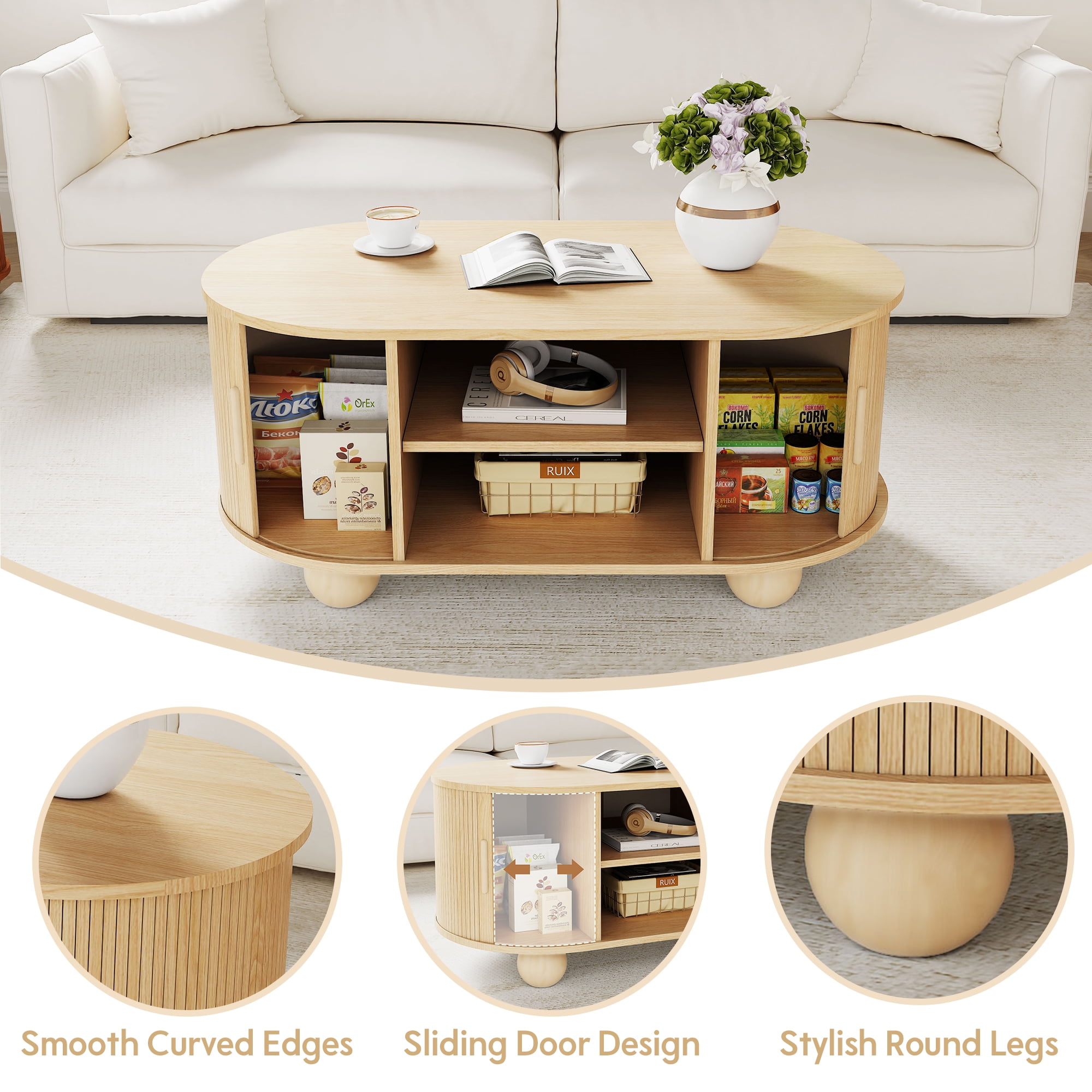 Wirrytor Oval Coffee Table with Sliding Door and Storage, Mid Century Modern Wood Center Table, 2-Tier Tea Cocktail Table for Living Room, Farmhouse Style Furniture with Hidden Compartment