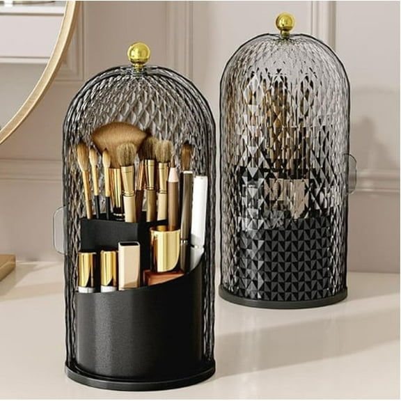 Makeup Brush Holder with Lid Cosmetic Tools Organizer 360 Rotating Waterproof Dustproof Beauty Brushes Storage for Vanity, Black
