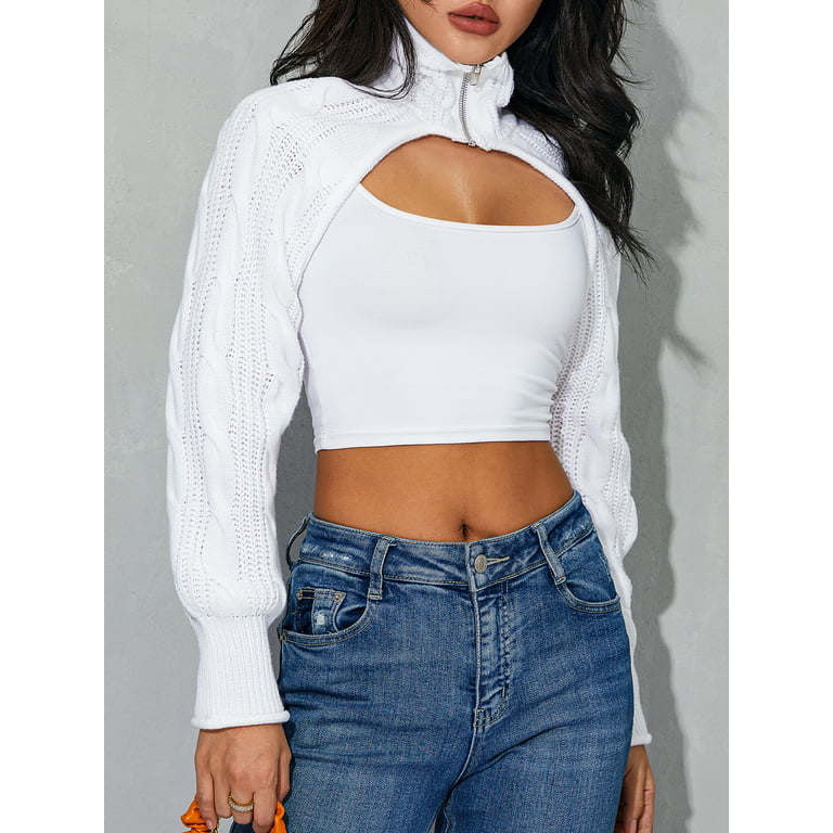 JYYYBF Women Turtleneck Shrug Cropped Sweater Zipper Long Sleeve Short Arm  Warmer Sweater Coat Streetwear White One Size 