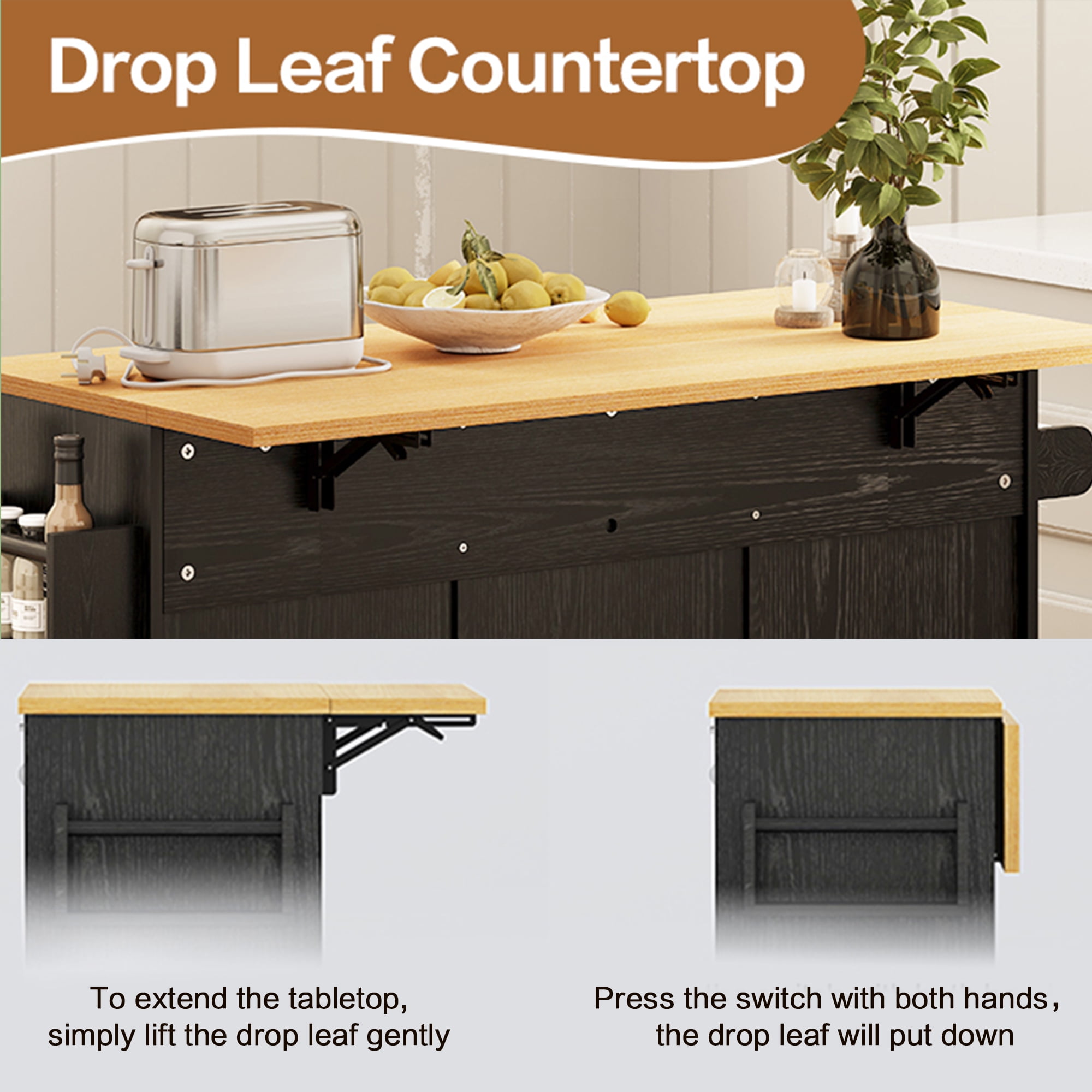 spanspace 48" Kitchen Island Cart with Drop Leaf , 10 Gallon Storage and Tilt Out Trash Can Cabinet , Portable Kitchen Island with Wheels Drawer and Adjustable Shelves for Kitchen, Black