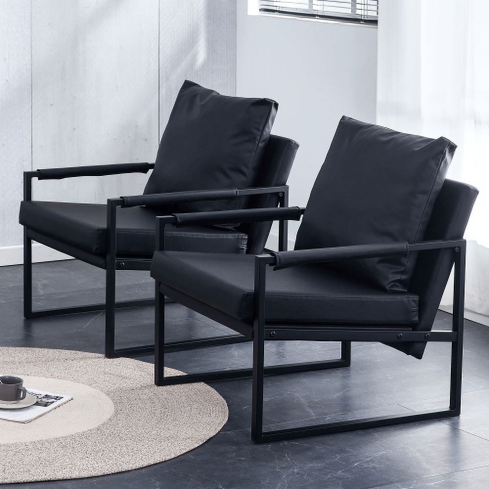 BSHTI PU Leather Accent Arm Chair Mid Century Upholstered Armchair with Metal Frame Extra-Thick Padded Backrest and Seat Cushion Sofa Chairs for Living Room(Black PU Leather+Metal Frame+Foam)