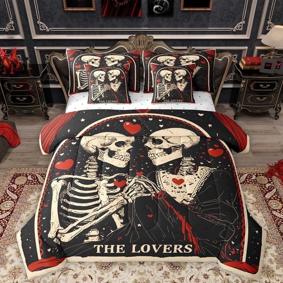Homewish Gothic Romantic 7-Piece Twin Bedding Sets,Spooky Skeleton Skull Bedding Comforter Set,Cartoon Loves Pattern Sheet Sets For Kids,Luxury Bedroom Decor Reversible