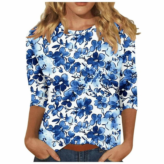 CYMMPU Spring Tops Round Neck 3/4 Sleeve Loose Fit Tunic Tops Flower Pattern Blouses for Women Dressy Casual Fall Fashion Shirts Lightweight Basic T-Shirts Multicolor XXXXL