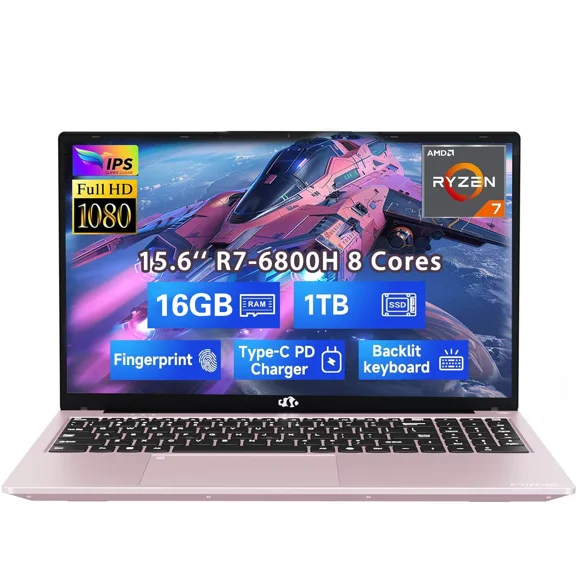 15.6" IPS FHD Gaming Laptop, 8 Cores AMD Ryzen 7 6800H 16GB DDR5 RAM 1TB SSD (Up to 4.7GHz) AMD Radeon 680M GPU-Computer with 100W GaN Type-C Backlit Keyboard Fingerprint RoseGold