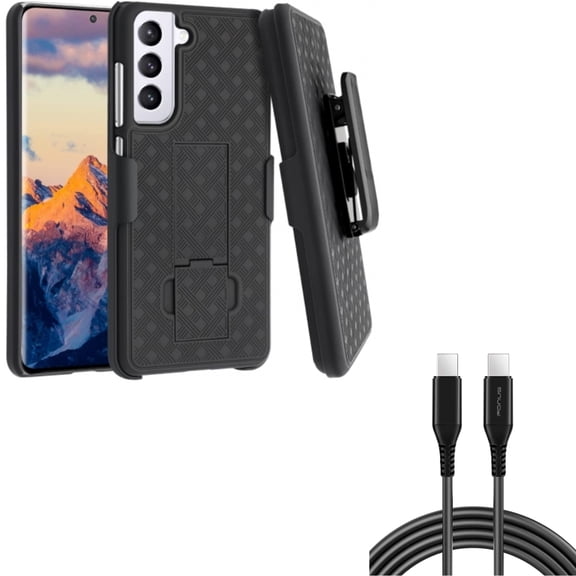 6ft Long USB-C Cable w Case Belt Clip for Samsung Galaxy S21 FE 5G - PD Fast Charger Cord Power Wire, Holster Swivel Cover