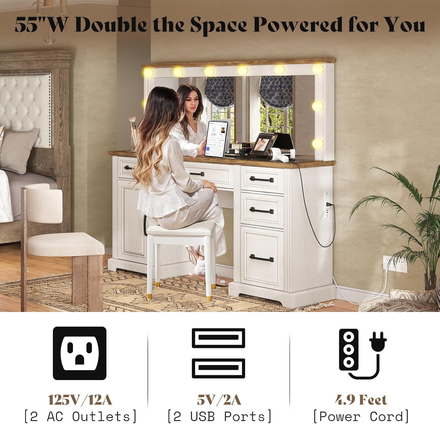 Merluxy Makeup Vanity with Mirror & Lights,Glass Top Vanity with 6 Drawers & Charging Station,White