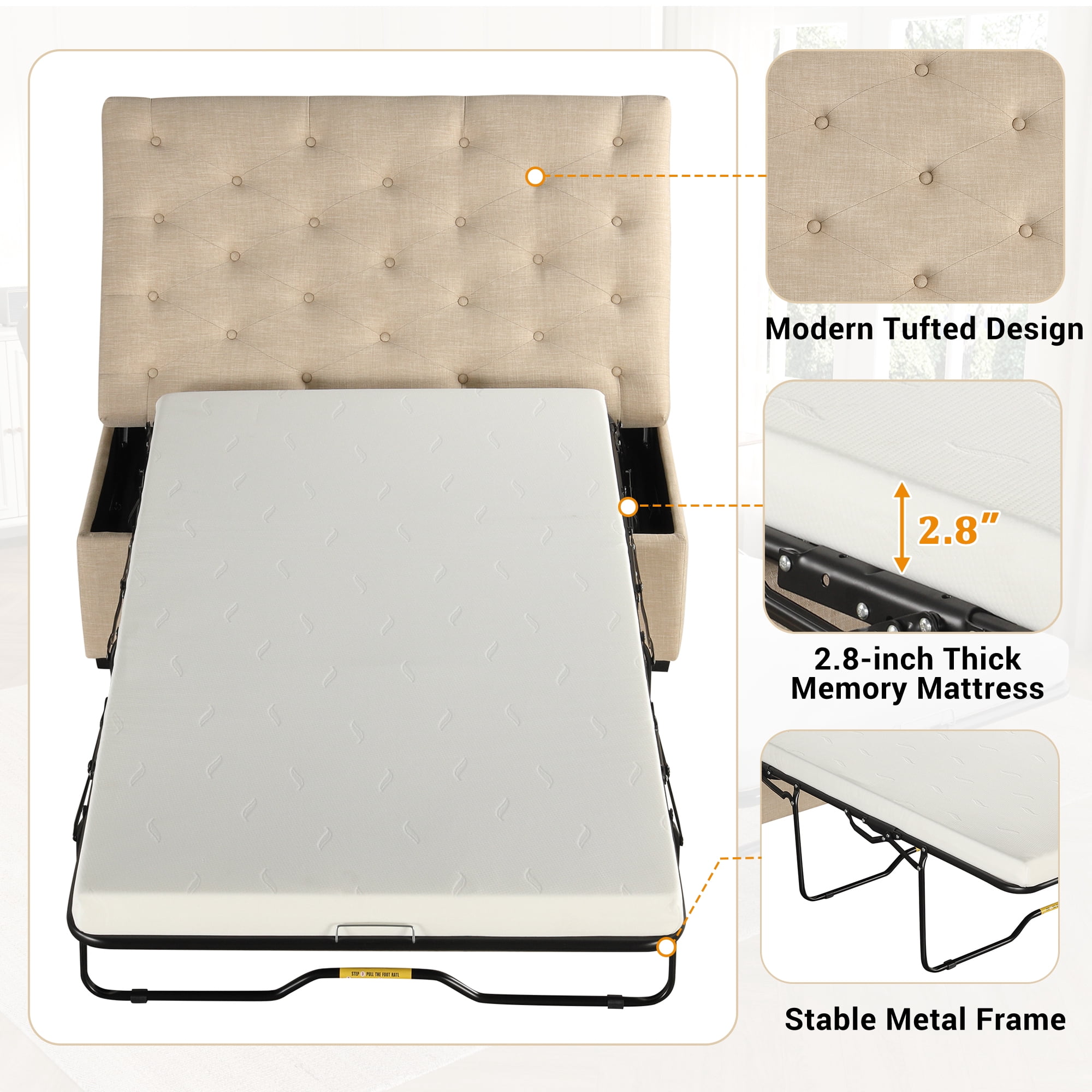 Euroco Convertible Ottoman Sleeper Bed with Memory Foam Mattress, Folding Twin Bed for Guests, Tufted Linen Upholstery, Iron Frame, Space-Saving Sofa Bed