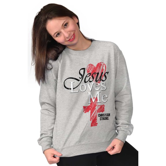 Jesus Loves Me Heart Cross Faith Women Crewneck Sweatshirt Brisco Brands S
