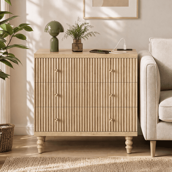 Bestier 3 Drawer Dresser with Charging Station, Modern Fluted Wood Storage Cabinet for Living Room, Chest of Drawers with Gold Handles, Tall Dresser for Hallway, Entryway & Home Office, Natural Oak