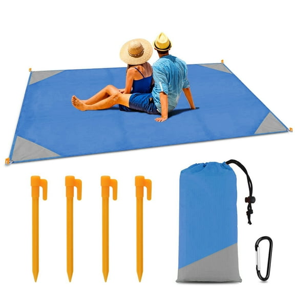 Outdoor Proof Beach Blanket/Compact Pocket, Amerteer Extra Large 79”x 55” Beach Mat, Big & Compact Sand Free Mat Quick Drying, Lightweight & Durable with 4 Stakes& 1 Carabiner