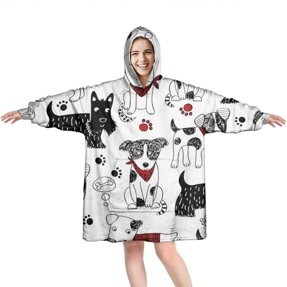 Scribble Dogs Wearable Oversized Blanket,Wearable Blanket Hoodie for Adults,Cozy Hooded Blankets with Super Pockets,Super Warm Fuzzy Pullover for Women & Men