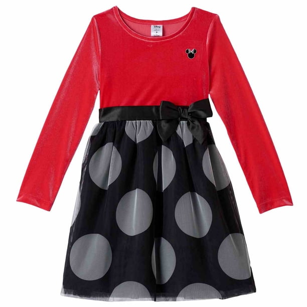 Disney Disney Toddler Girls Red Velour Black Dot Ruffled Long Sleeved Dress 4T