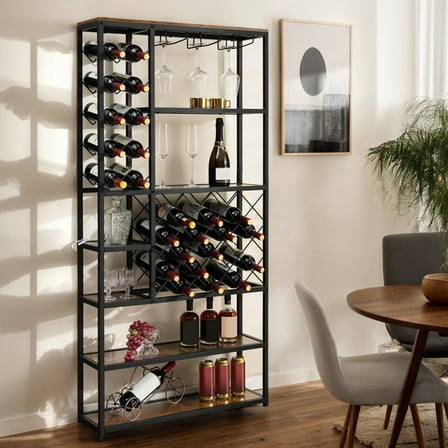 GVN Wine Storage Shelf, Wine Rack,Industrial Floor Wine Rack with 3 Rows of Stemware Racks