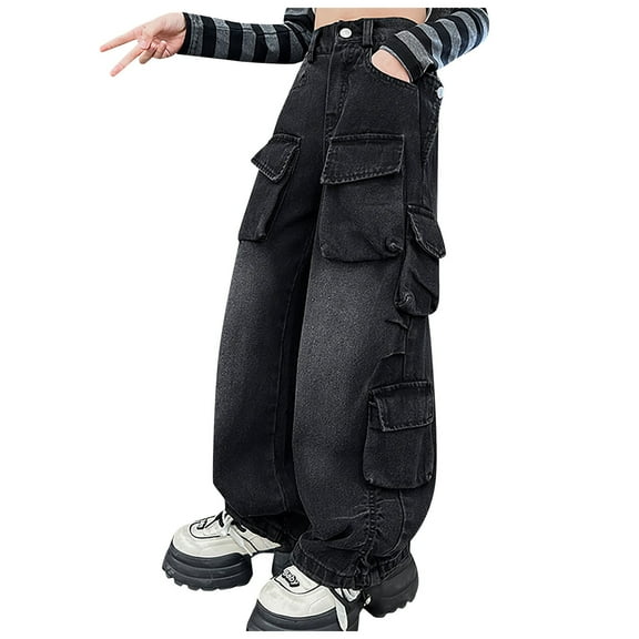 Zanarzt Baggy Jeans for Teen Girls Wide Leg Jeans Denim Pants Loose Fit Baggy Casual Straight Leg Pants with Pockets Black,13-14 Years