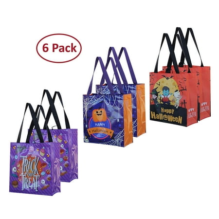 Halloween Bags Trick or Treat - Reusable Grocery Candy Goodie Totes Baggies Party Favor Bags (6 Pack)