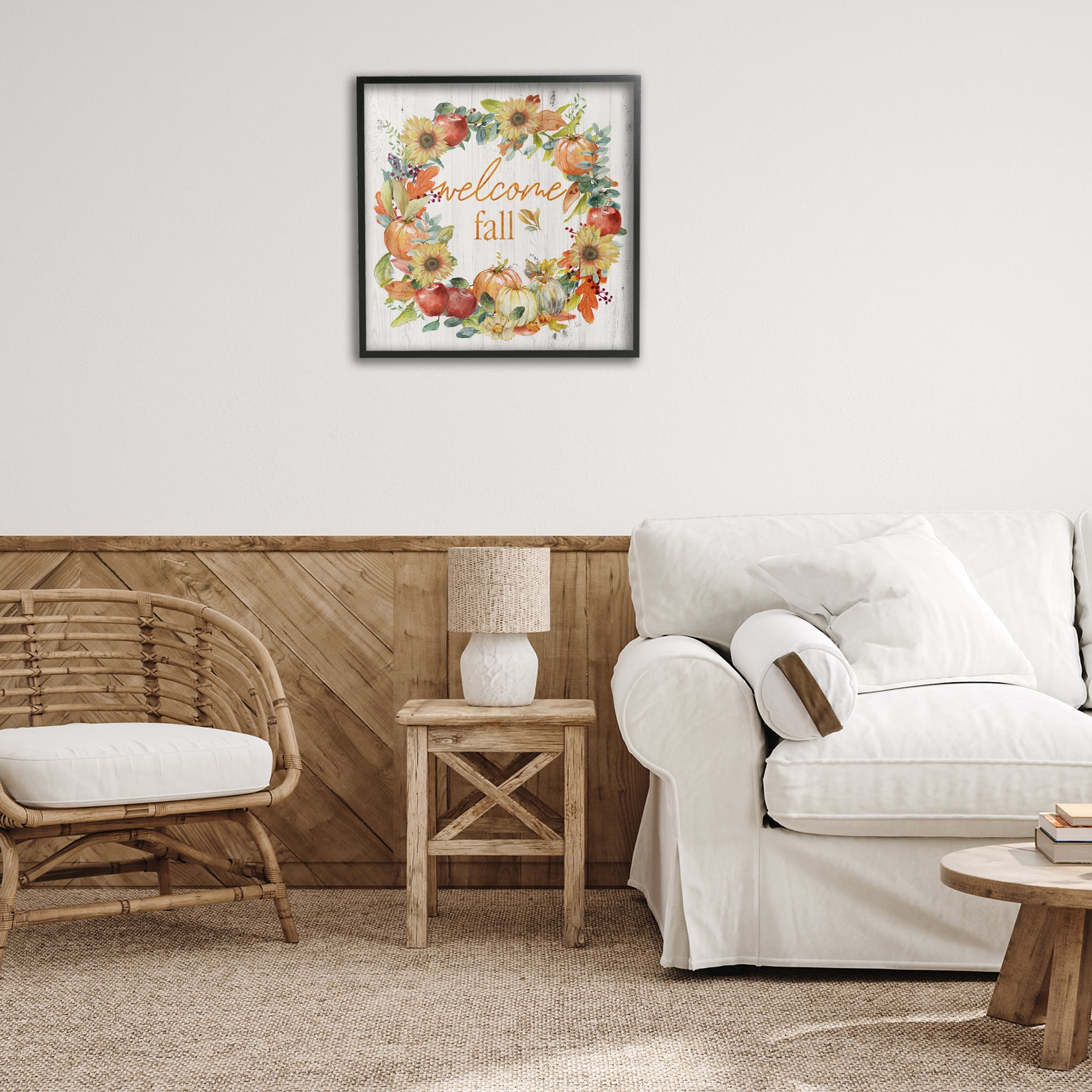 Stupell Industries Welcome Fall Pumpkin Wreath Botanical & Floral Painting Black Framed Art Prints Wall Art, 24 x 24