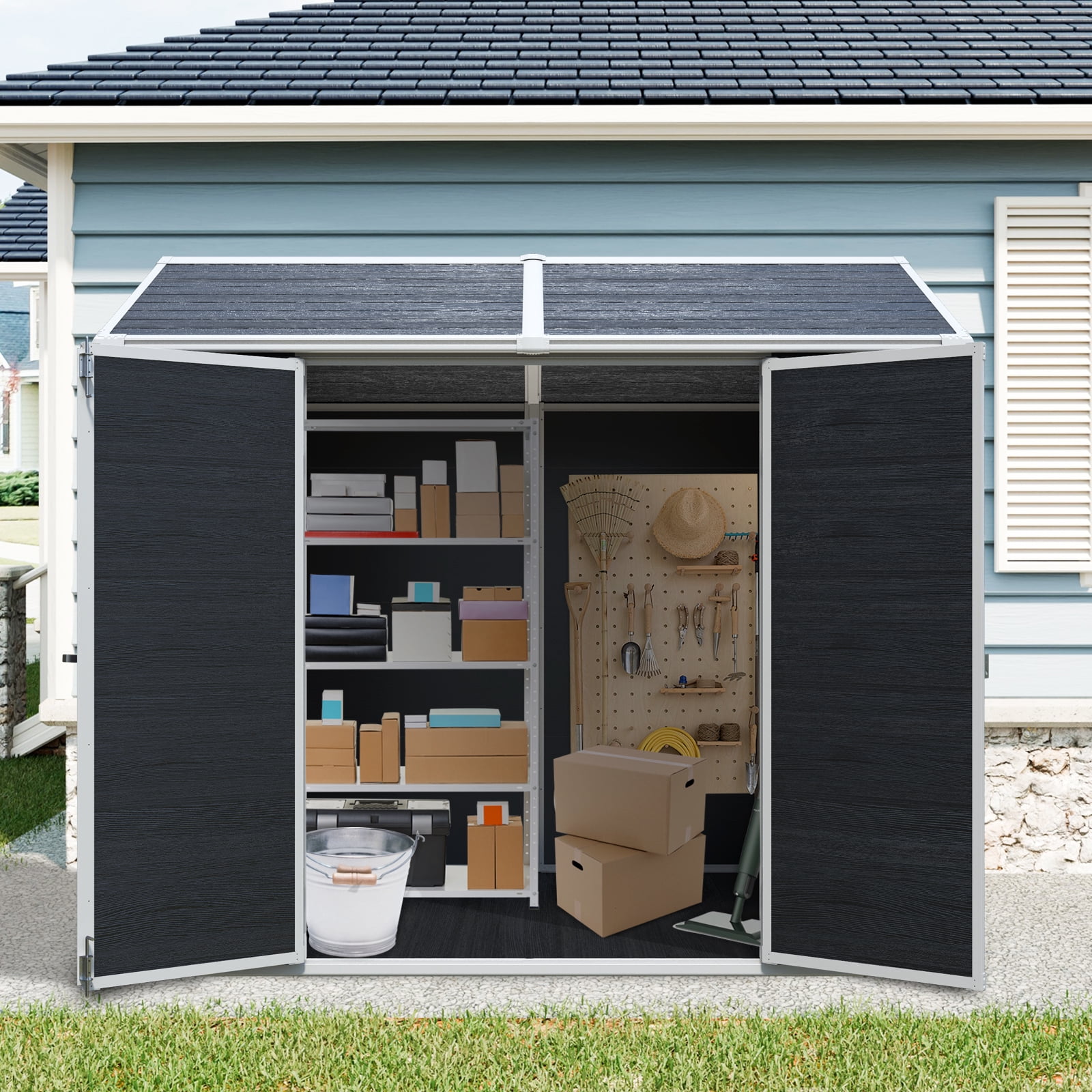 IMagacFun 8x6 Resin Outdoor Storage Shed Heavy Duty Waterproof Shed Plastic Shed with Floor,2 Windows and Lockable Doors for Garden Patio Backyard Black