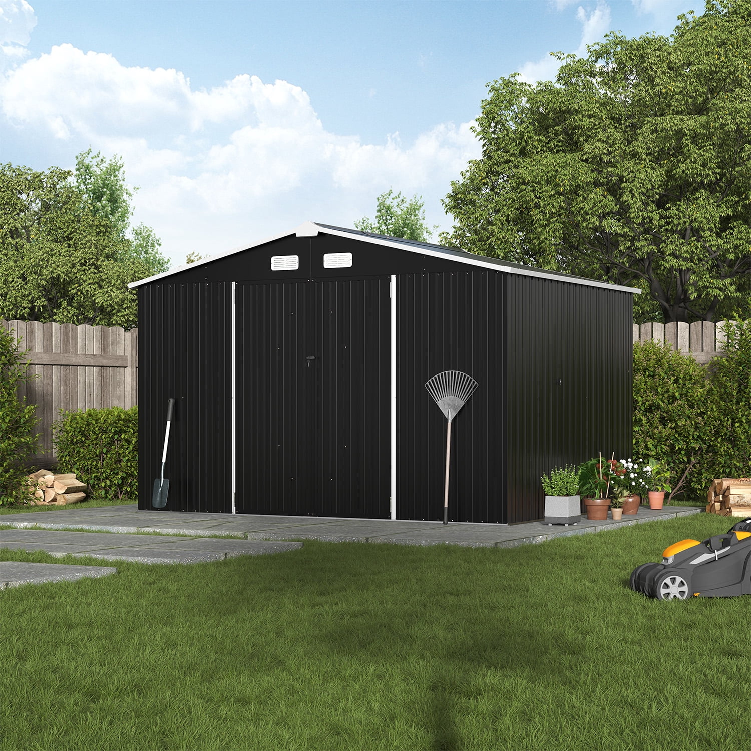 BaPiPro 10x8FT Metal Storage Shed, Outdoor Storage Lockable Tool Shed for Patio, Backyard, Black