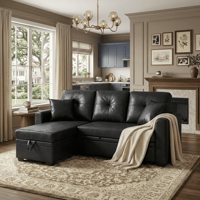 Sleeper Sofa Sectional with Pull-Out Bed – Reversible Chaise + Hidden Storage, Breathable Fabric, L-Shaped Couch for Small Spaces, Convertible Sofa Bed for Living Room