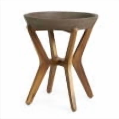 Outdoor Combined Material Side Table, Concrete and Acacia Wood Craft Accent Table for Patio Garden, Light Gray